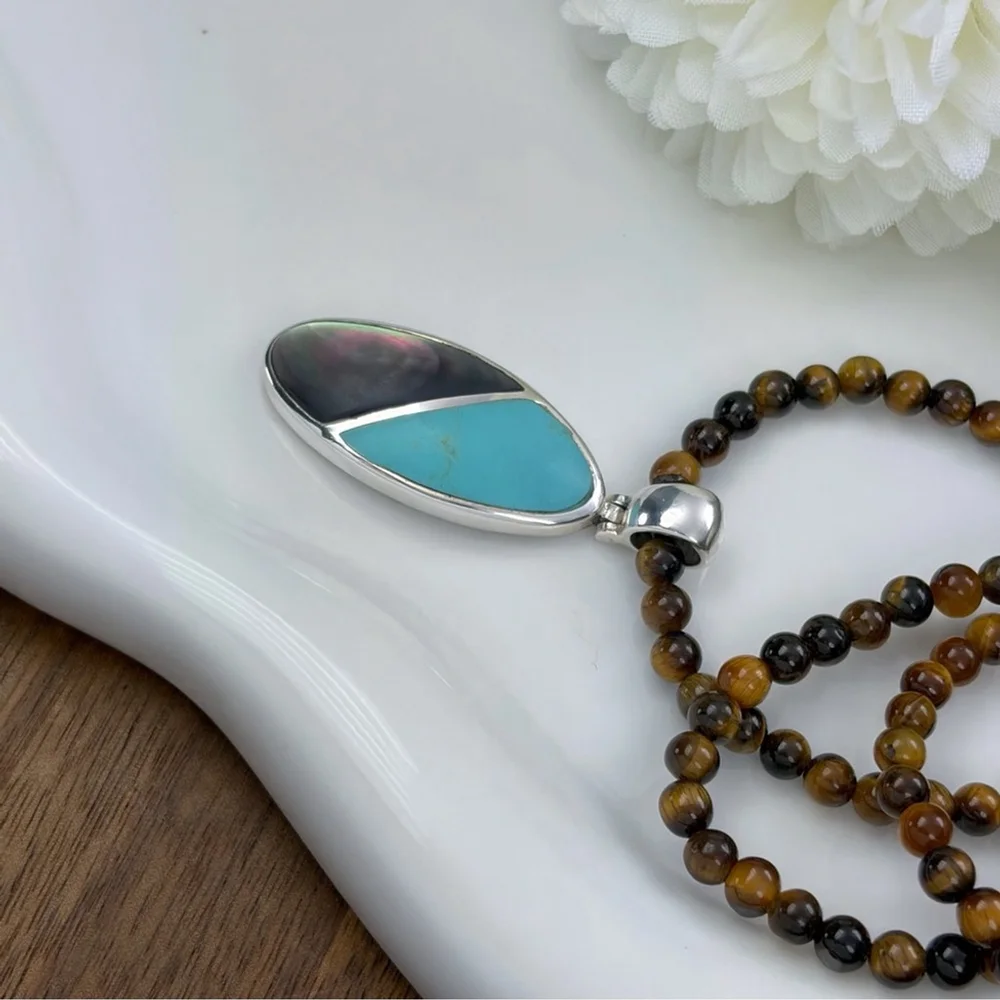 Vintage Sterling Silver 925 Abalone Turquoise Southwest Inlay Pendant Necklace